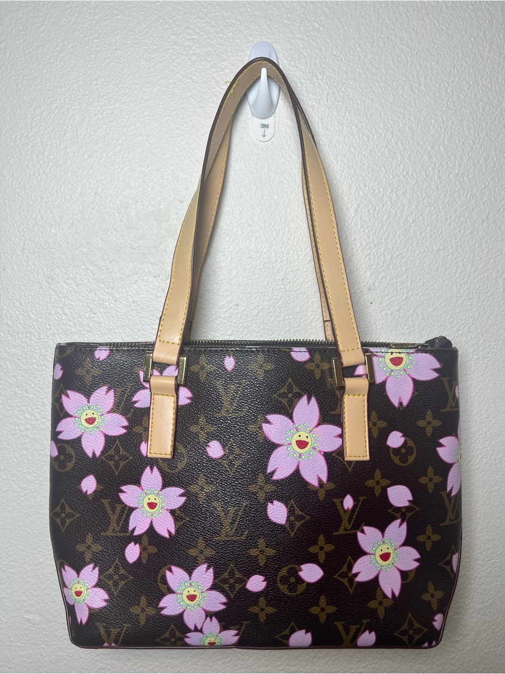 Brown Tote with Pink Floral Print Cherry Blossoms